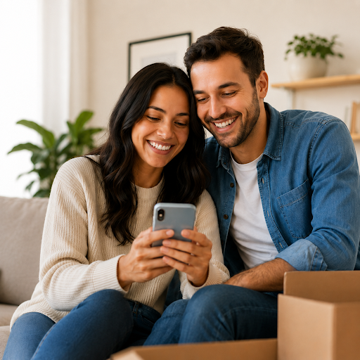 Happy Couple looking at phone